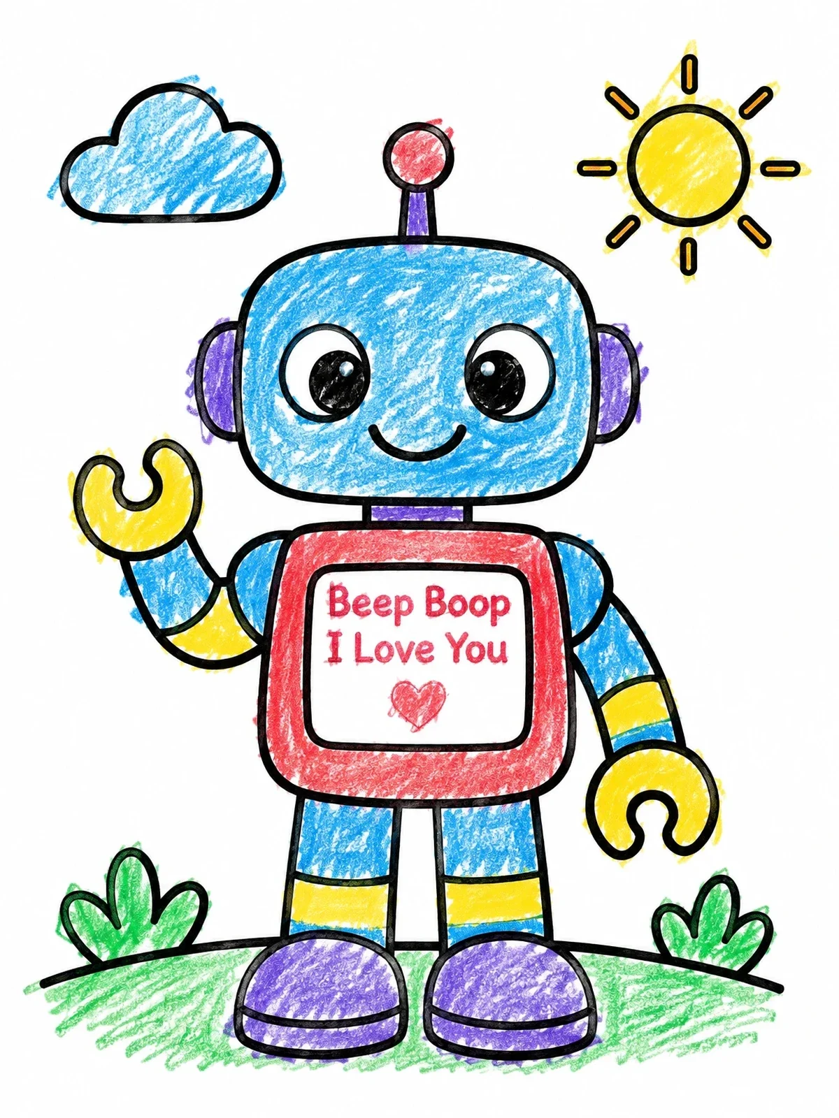 Colored example of the Friendly Valentine Robot Outdoors coloring page