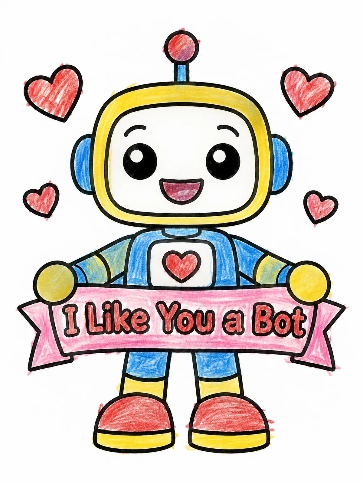 Colored example of the Cute Valentine Robot With Banner coloring page
