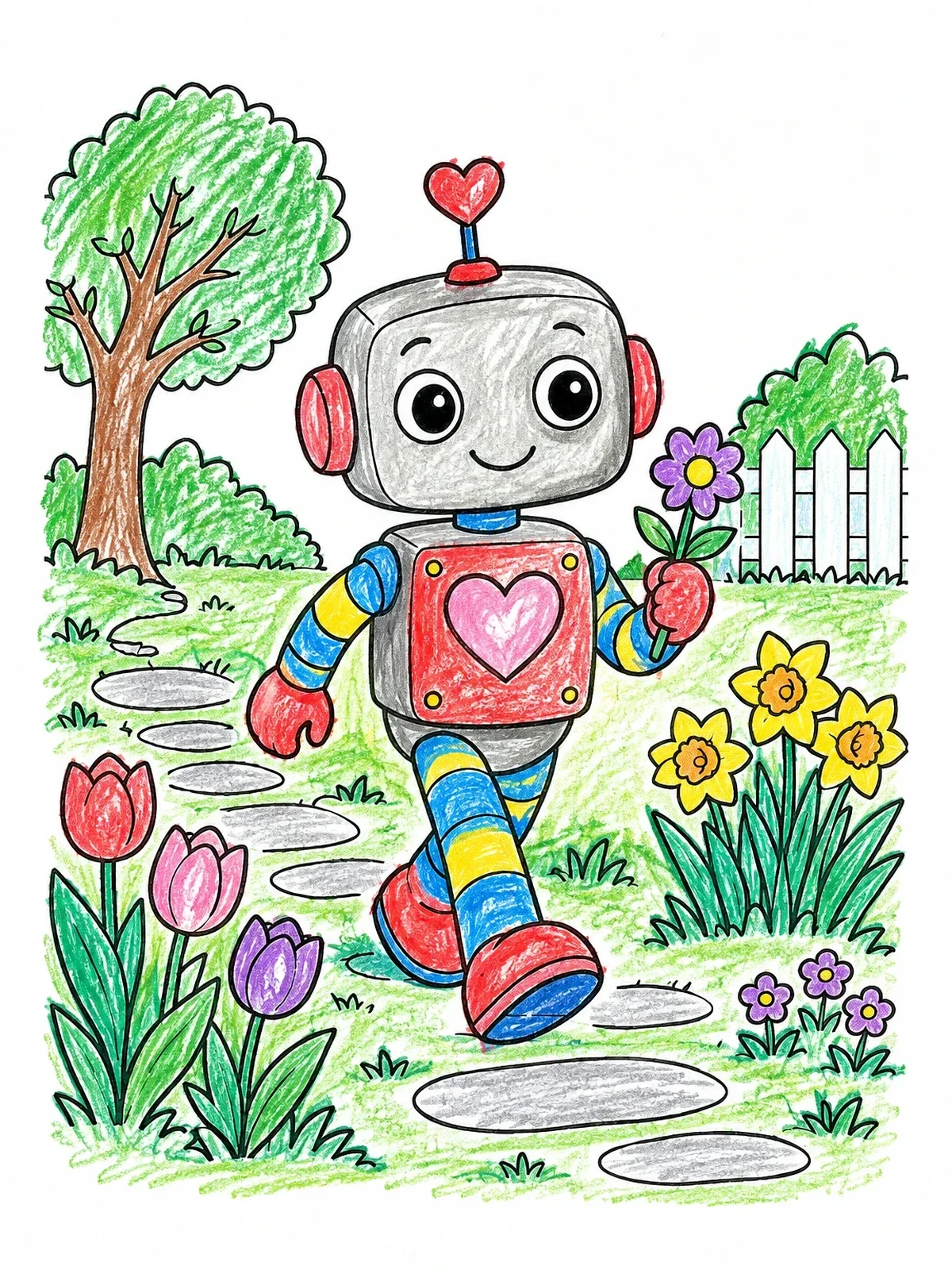 Colored example of the Cute Valentine Robot In Spring Garden coloring page