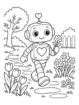 Free printable Cute Valentine Robot In Spring Garden coloring page