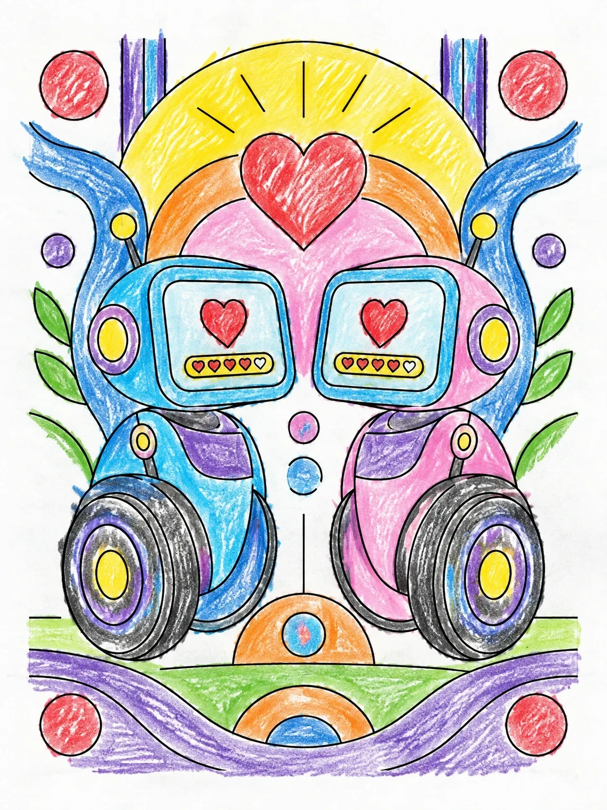 Colored example of the Two Wheeled Robots In Love coloring page