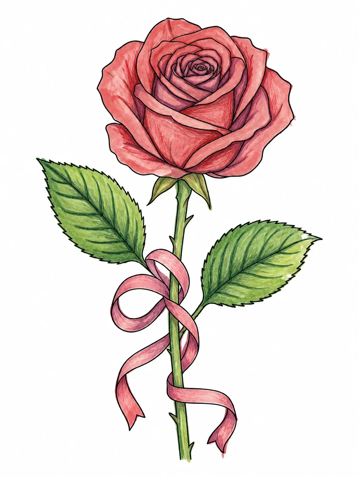 Colored example of the Blooming Rose With Curled Ribbon coloring page