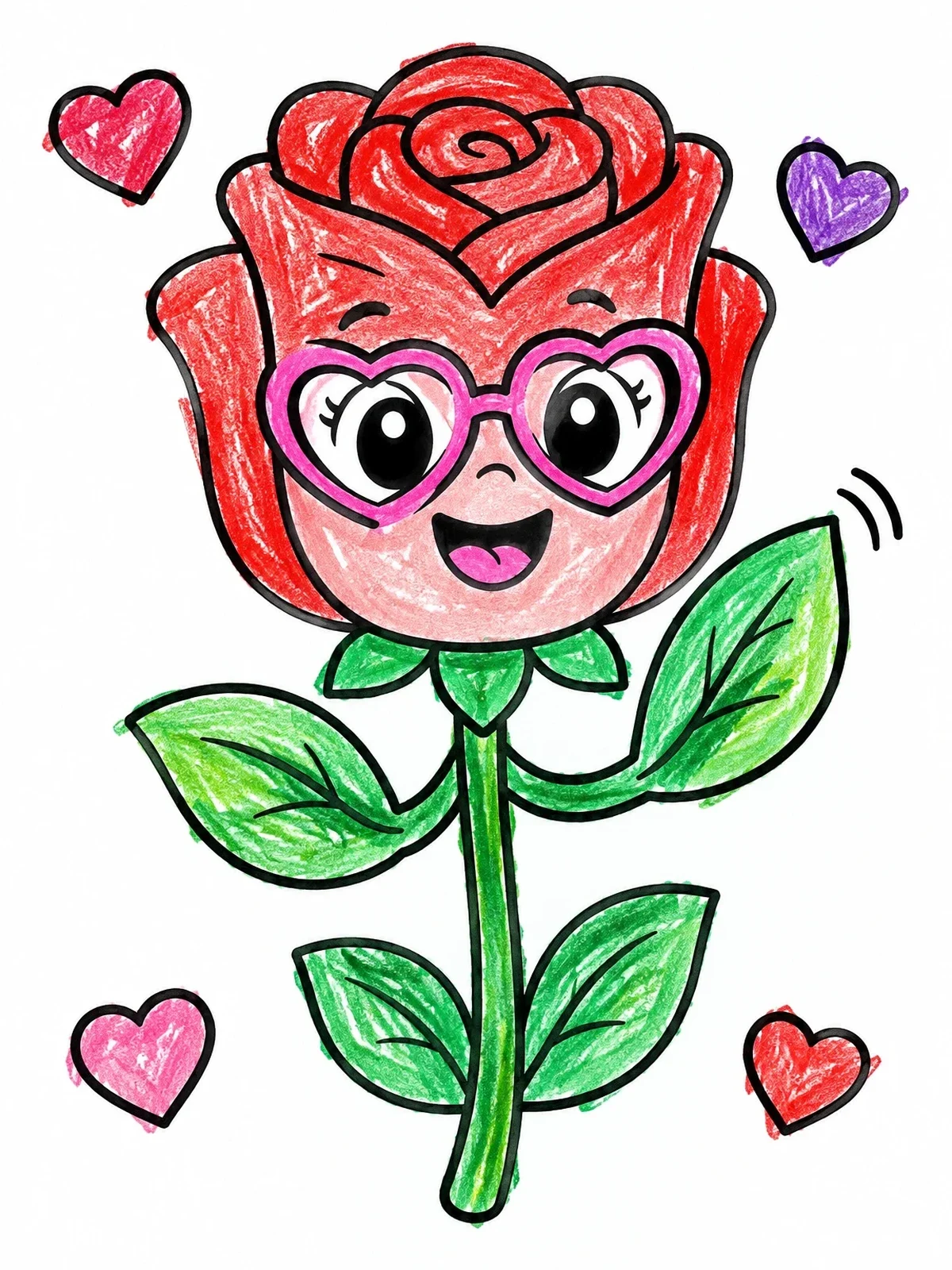 Colored example of the Cheerful Cartoon Rose With Heart Glasses coloring page
