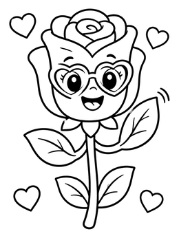 Free printable Cheerful Cartoon Rose With Heart Glasses coloring page