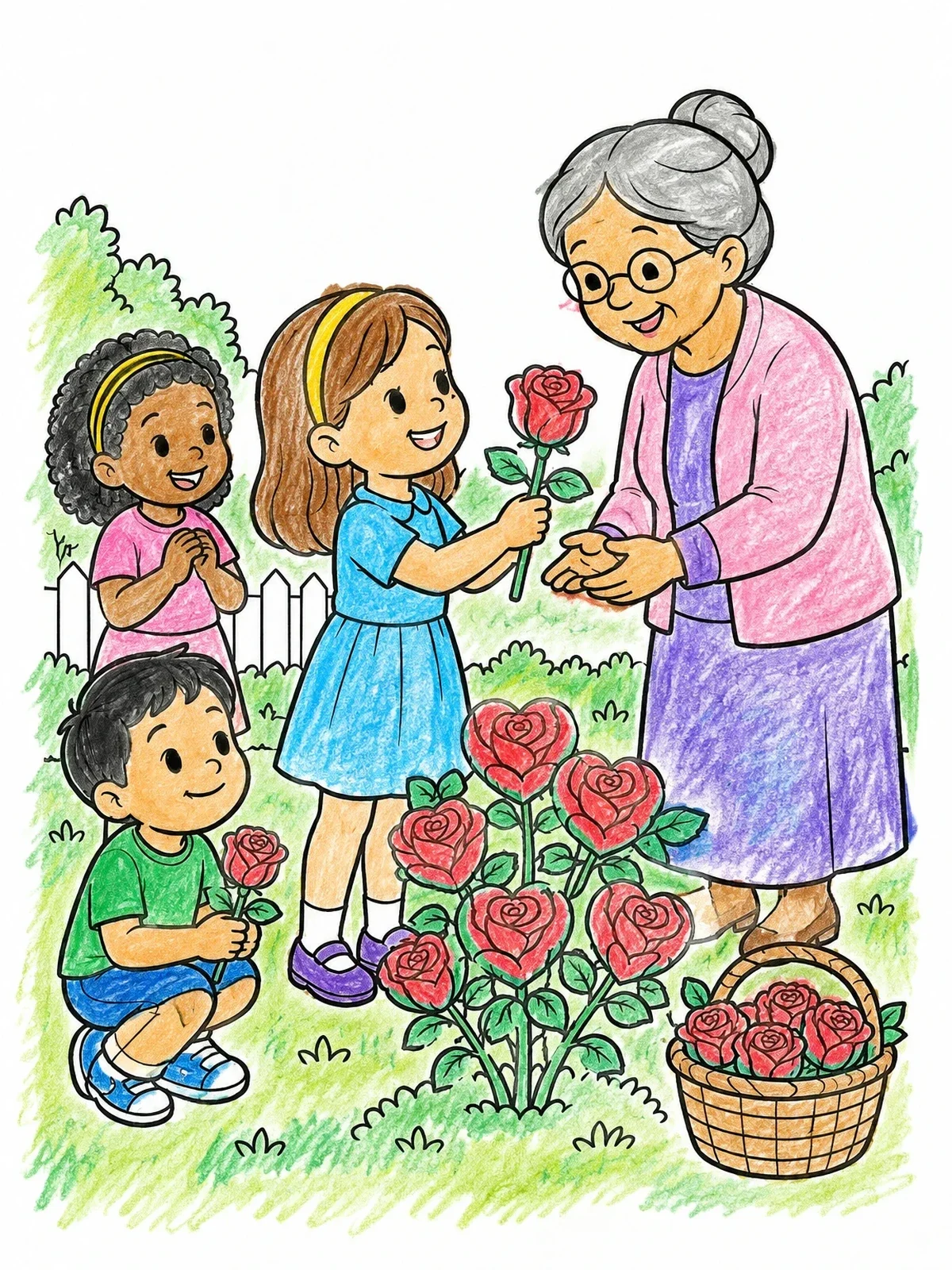 Colored example of the Children Giving Garden Roses To Grandmother coloring page