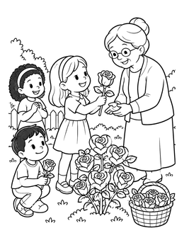 Free printable Children Giving Garden Roses To Grandmother coloring page