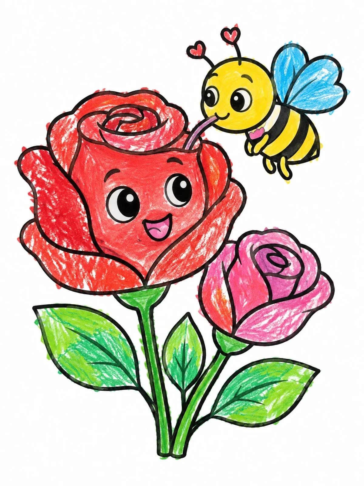 Colored example of the Cute Bee And Smiling Rose coloring page