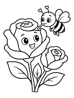 Free printable Cute Bee And Smiling Rose coloring page