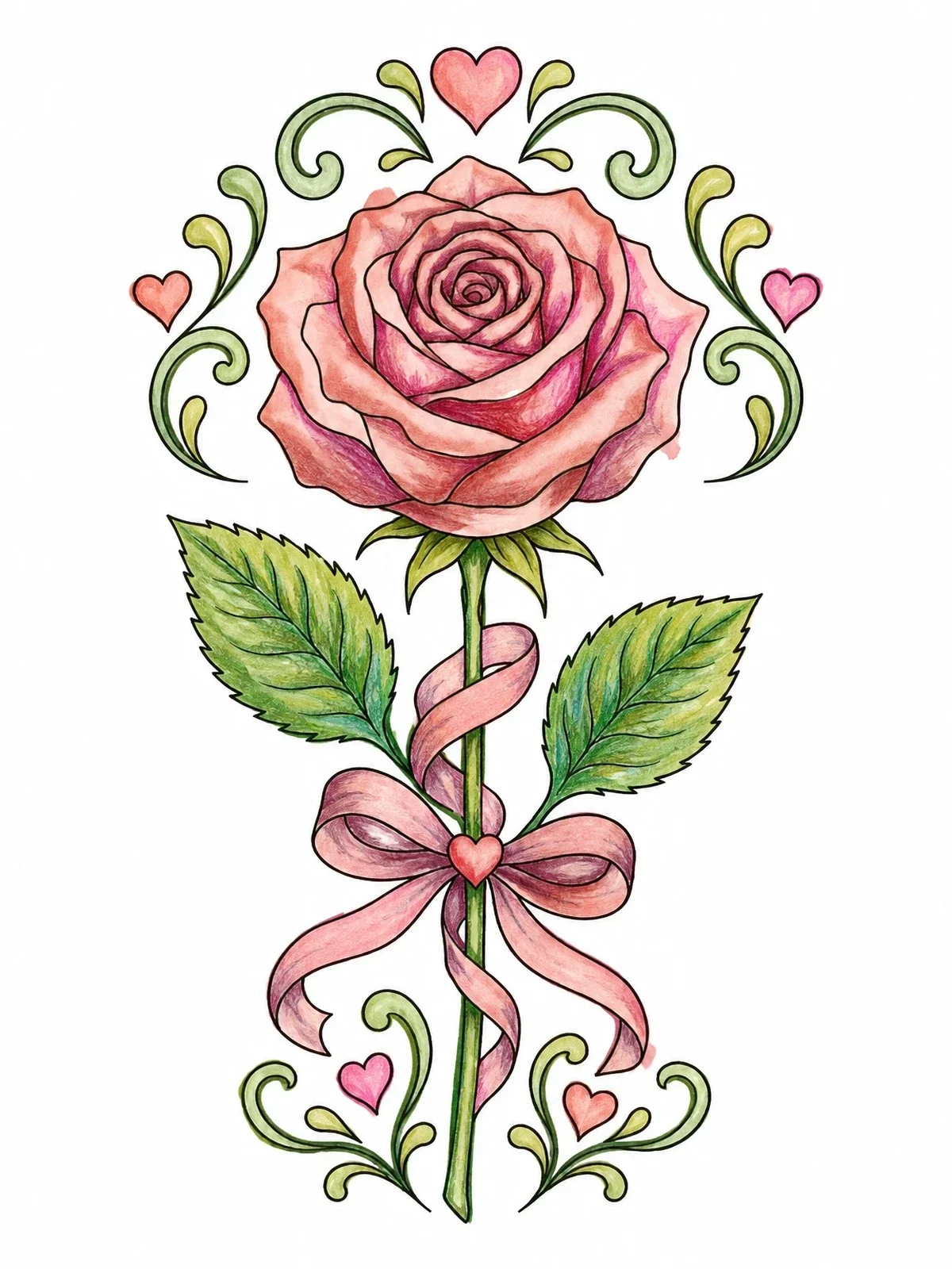 Colored example of the Elegant Rose With Ribbon And Hearts coloring page