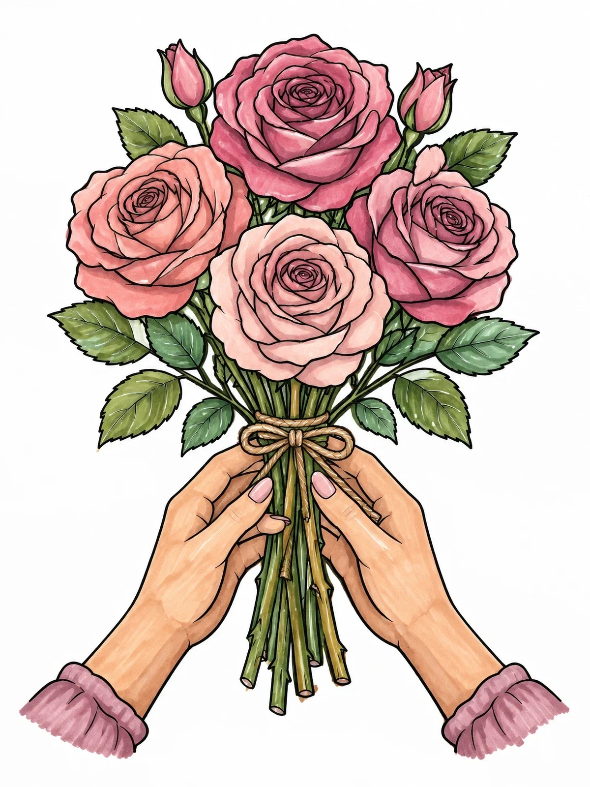 Colored example of the Hands Holding A Bouquet Of Roses coloring page