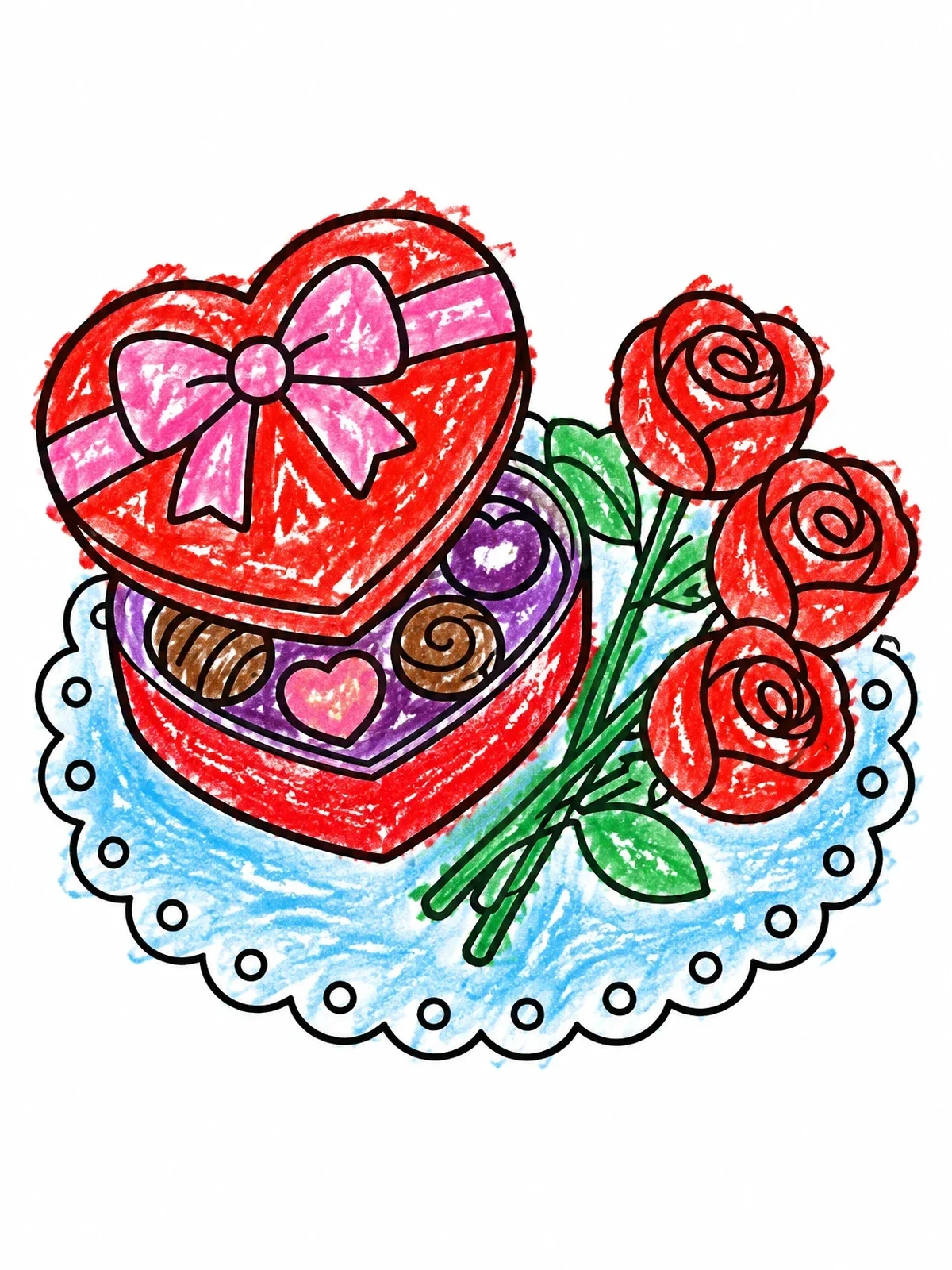 Colored example of the Heart Chocolate Box With Fresh Roses coloring page
