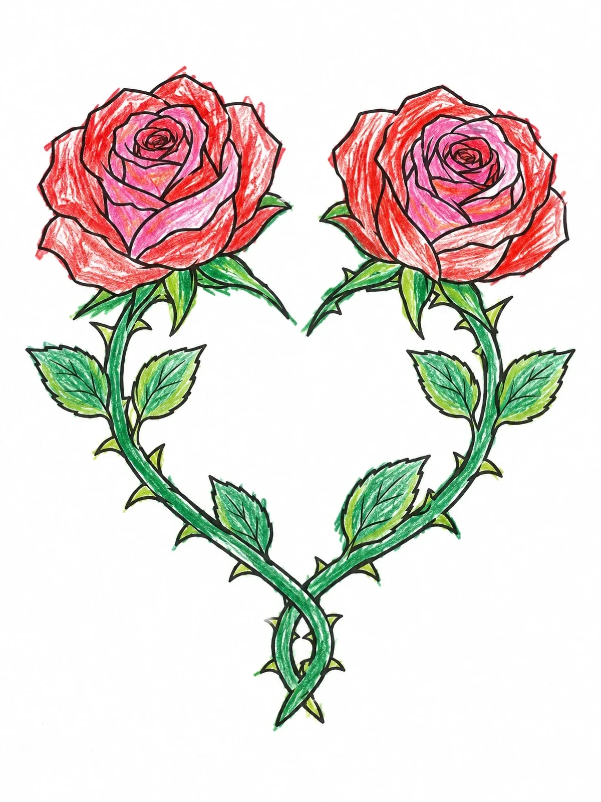Colored example of the Heart Shaped Rose Stems Line Art coloring page