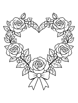 Free printable Heart Shaped Rose Wreath With Bow coloring page