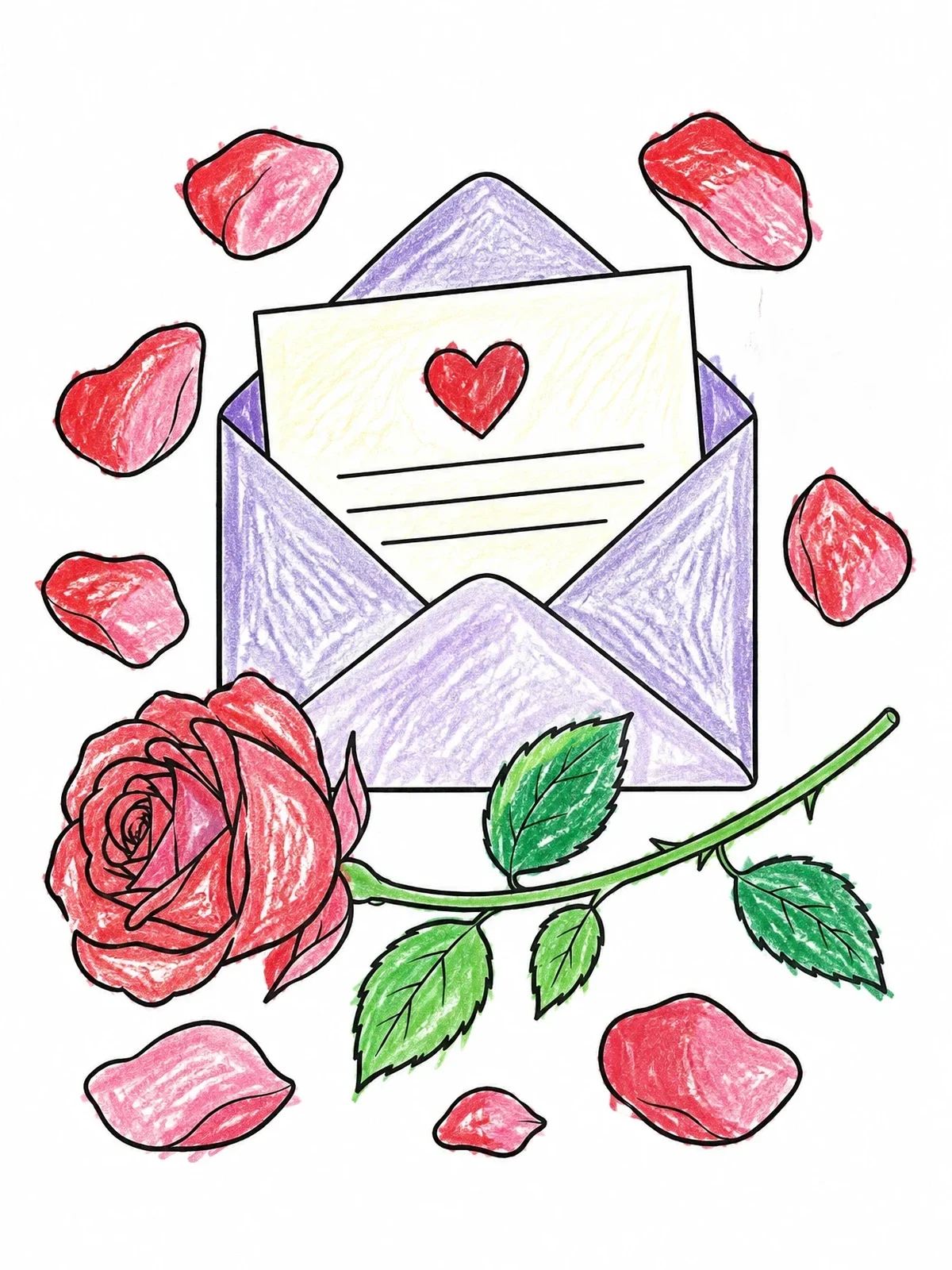 Colored example of the Love Letter With Rose And Petals coloring page