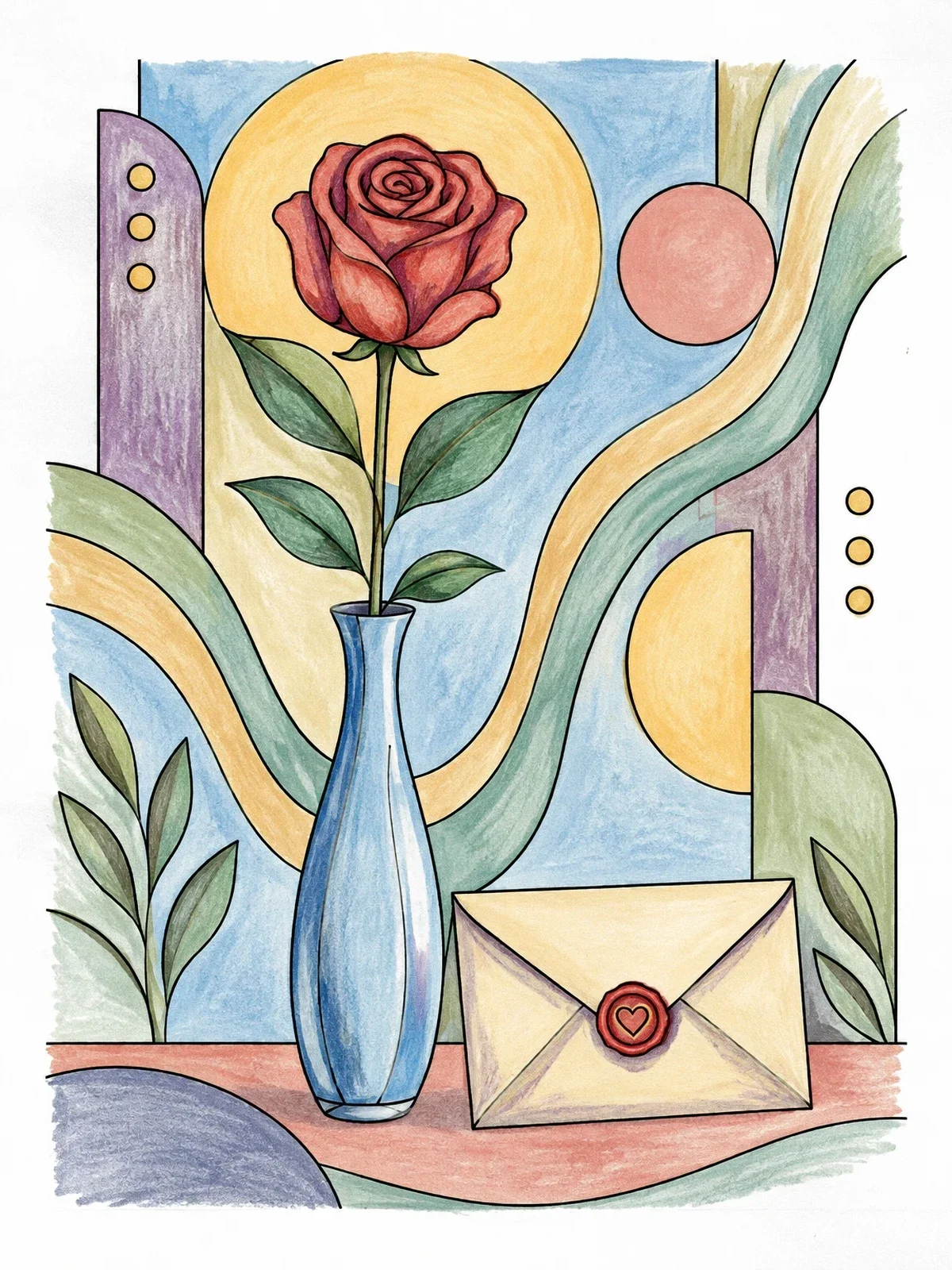 Colored example of the Rose In Vase With Love Letter coloring page