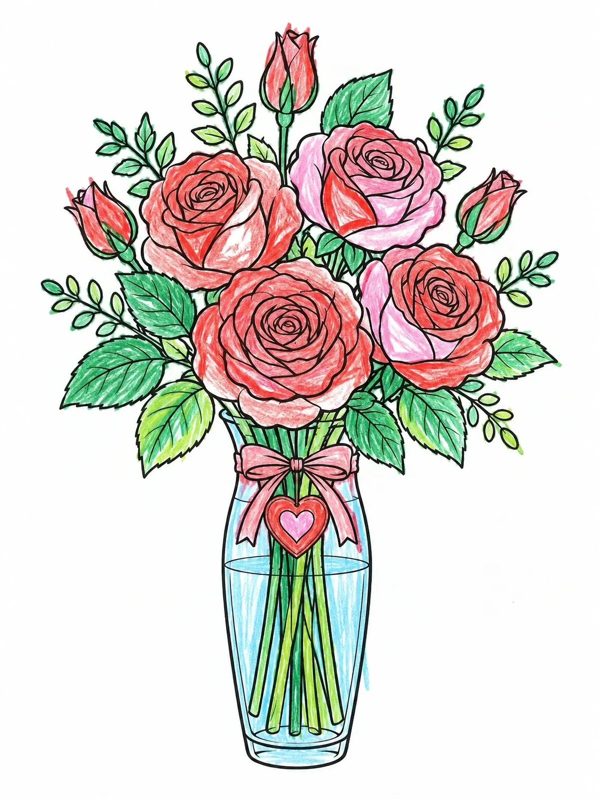 Colored example of the Roses Bouquet In Glass Vase coloring page
