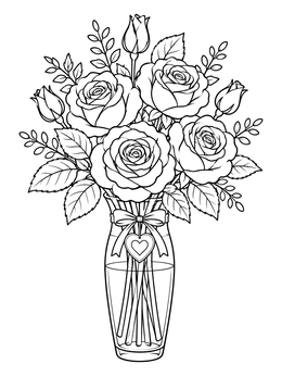Free printable Roses Bouquet In Glass Vase coloring page