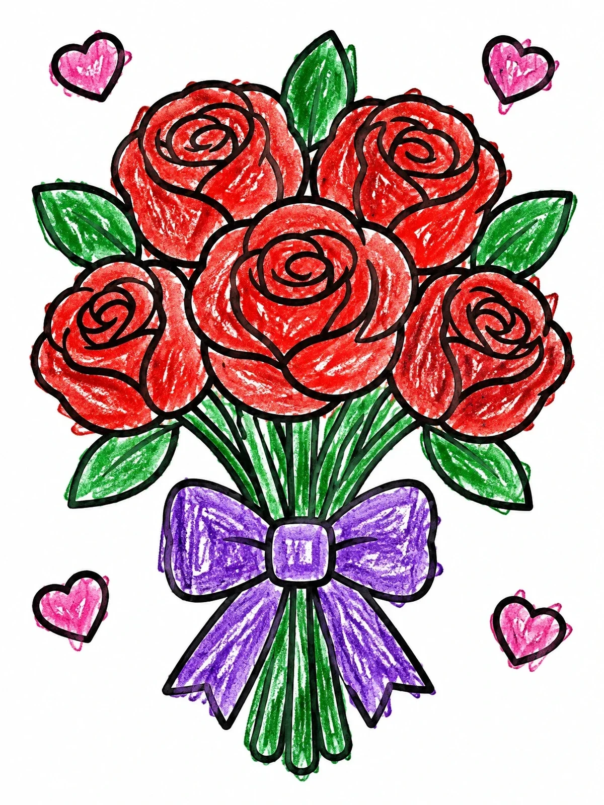Colored example of the Sweet Rose Bouquet With Ribbon coloring page