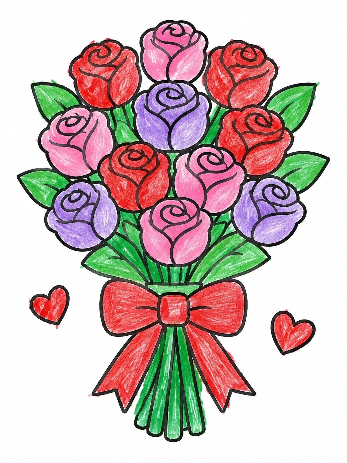 Colored example of the Sweet Valentine Rose Bouquet coloring page