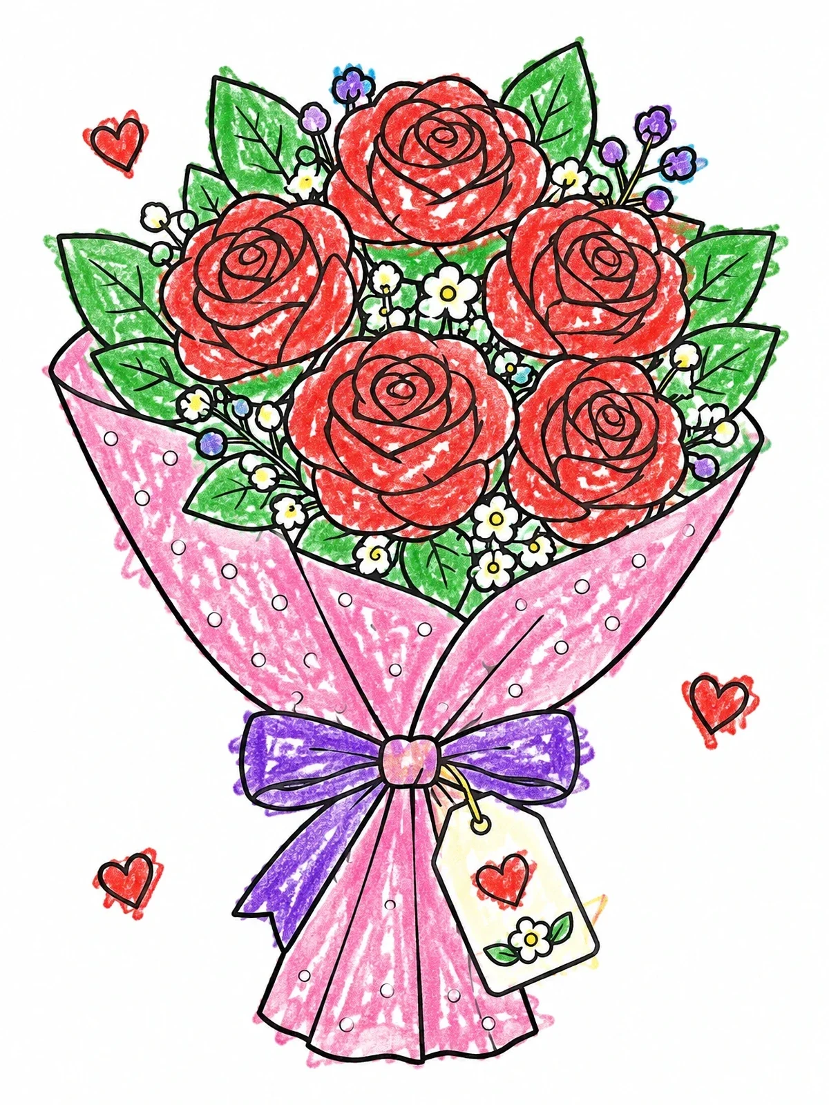 Colored example of the Sweet Valentine Rose Bouquet coloring page