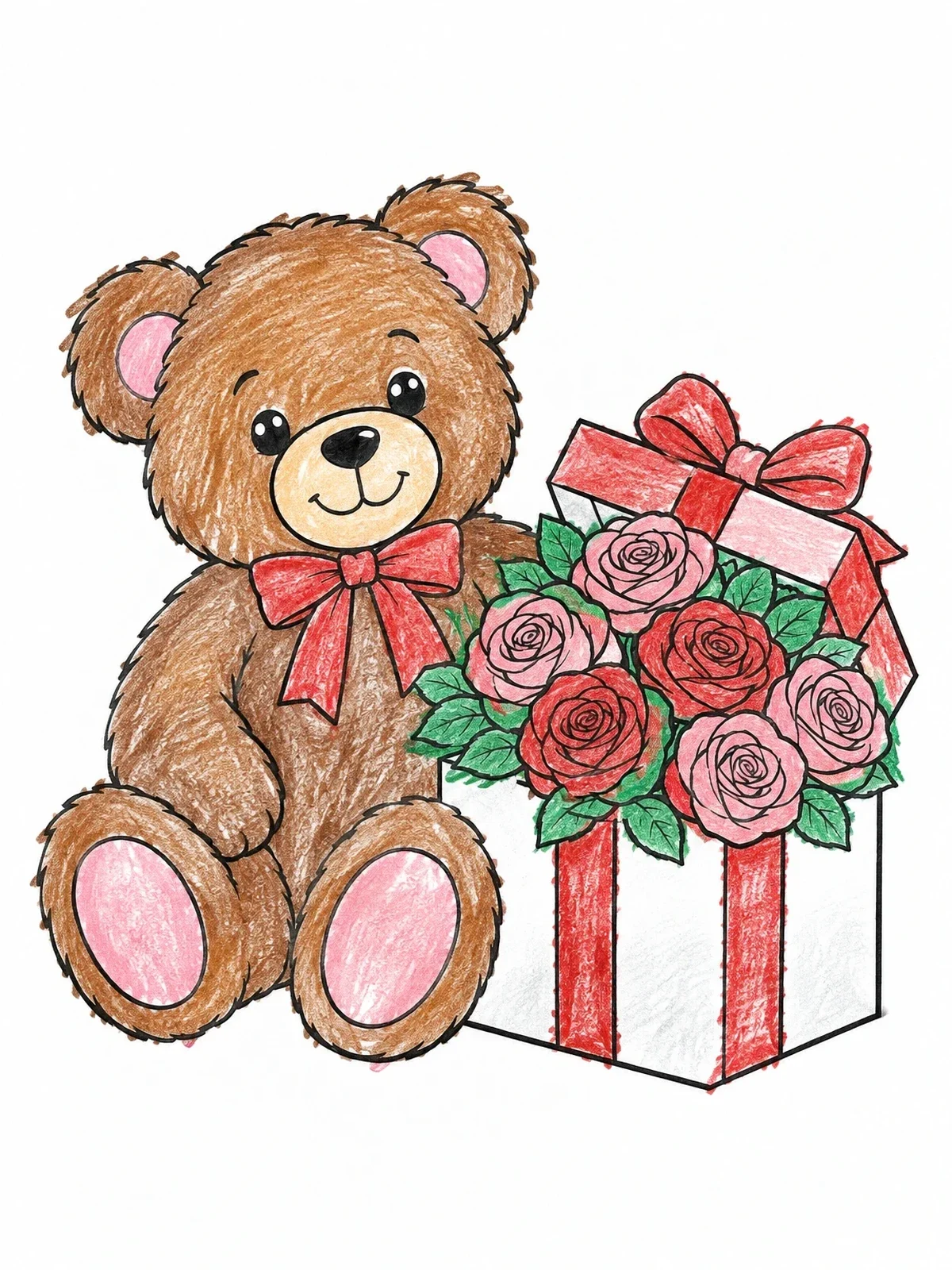 Colored example of the Teddy Bear With Valentine Roses Gift coloring page
