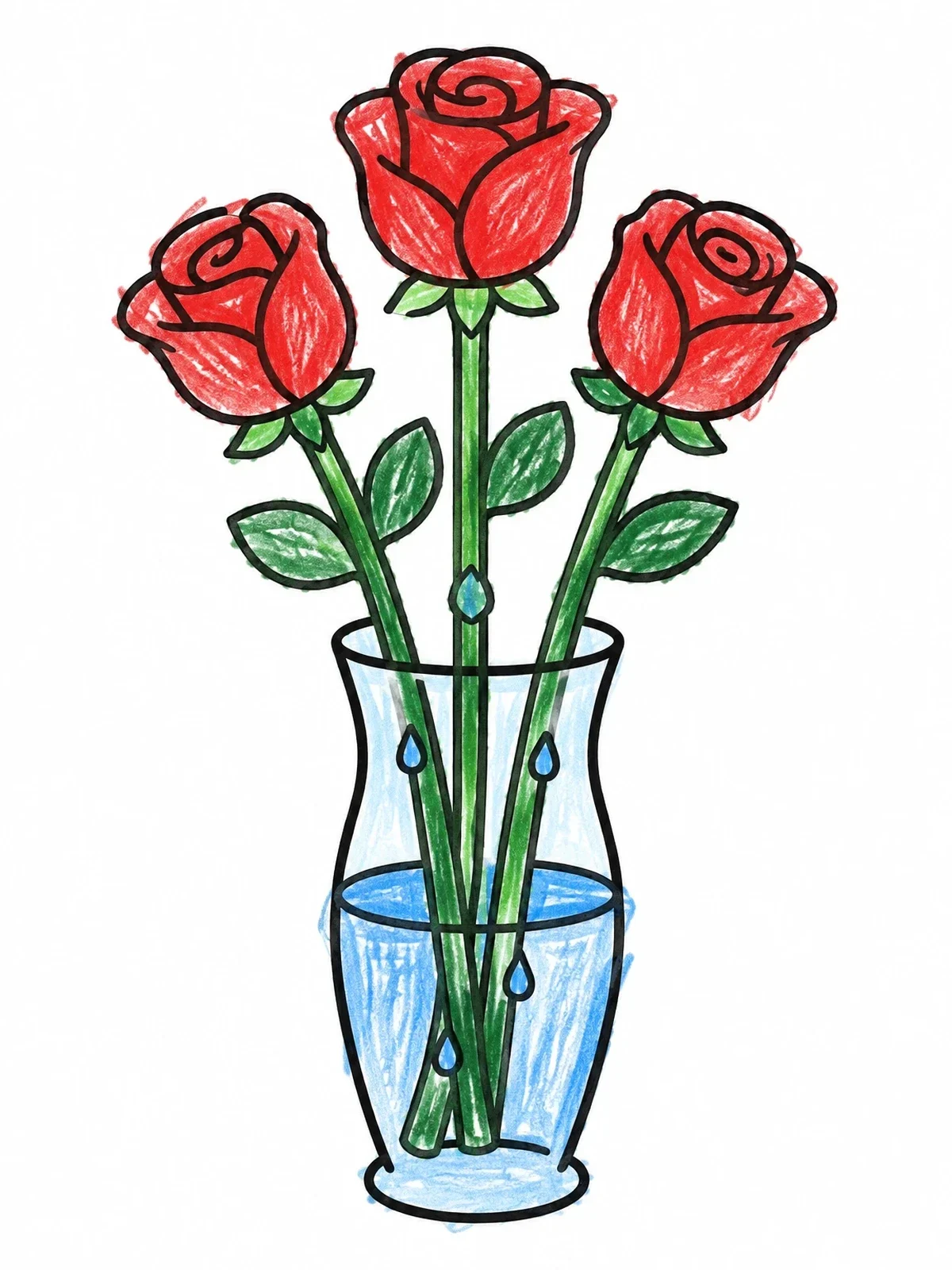Colored example of the Three Roses In A Glass Vase coloring page