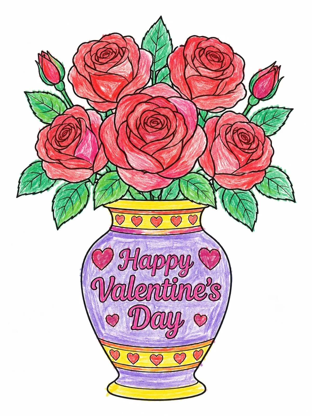 Colored example of the Valentine Roses In Decorative Vase coloring page