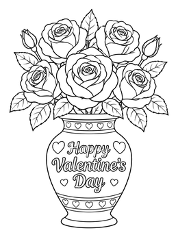 Free printable Valentine Roses In Decorative Vase coloring page