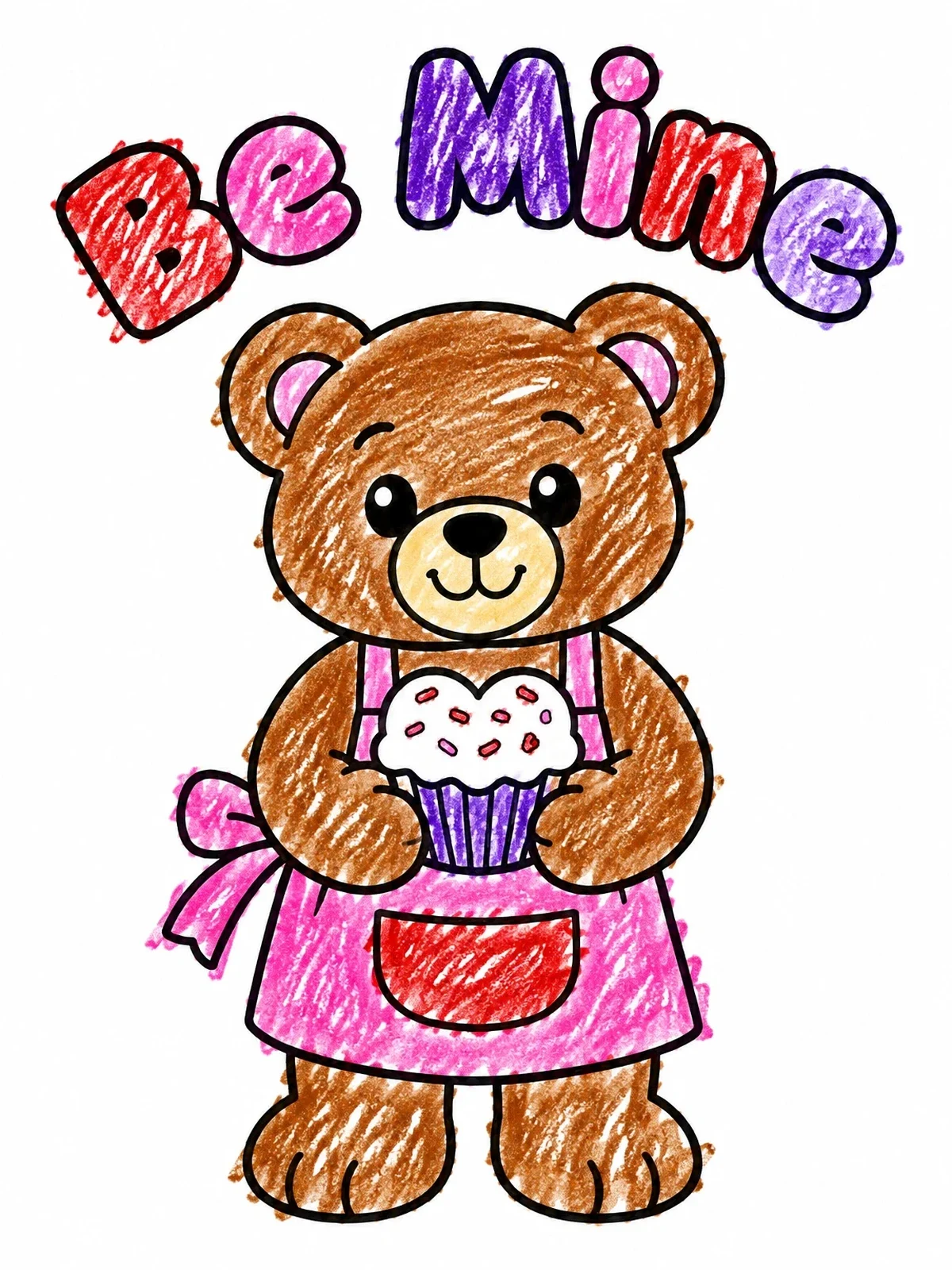 Colored example of the Teddy Bear Baker With Valentine Cupcake coloring page