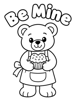 Free printable Teddy Bear Baker With Valentine Cupcake coloring page