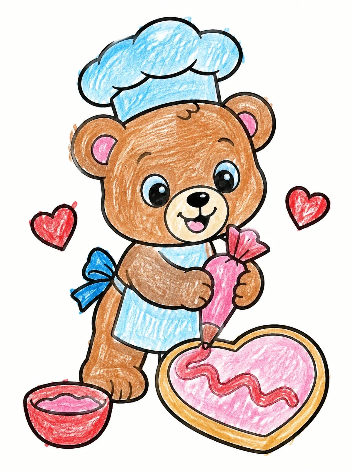 Colored example of the Baker Teddy Decorating Heart Cookie coloring page