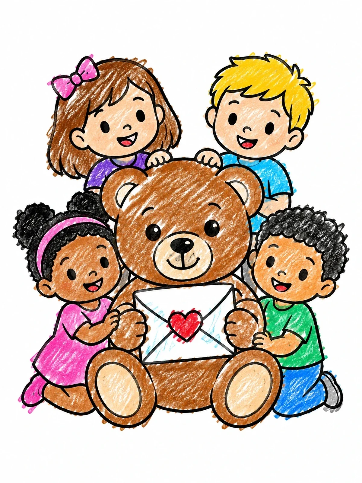 Colored example of the Children With Valentine Teddy Bear coloring page