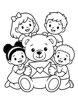 Free printable Children With Valentine Teddy Bear coloring page