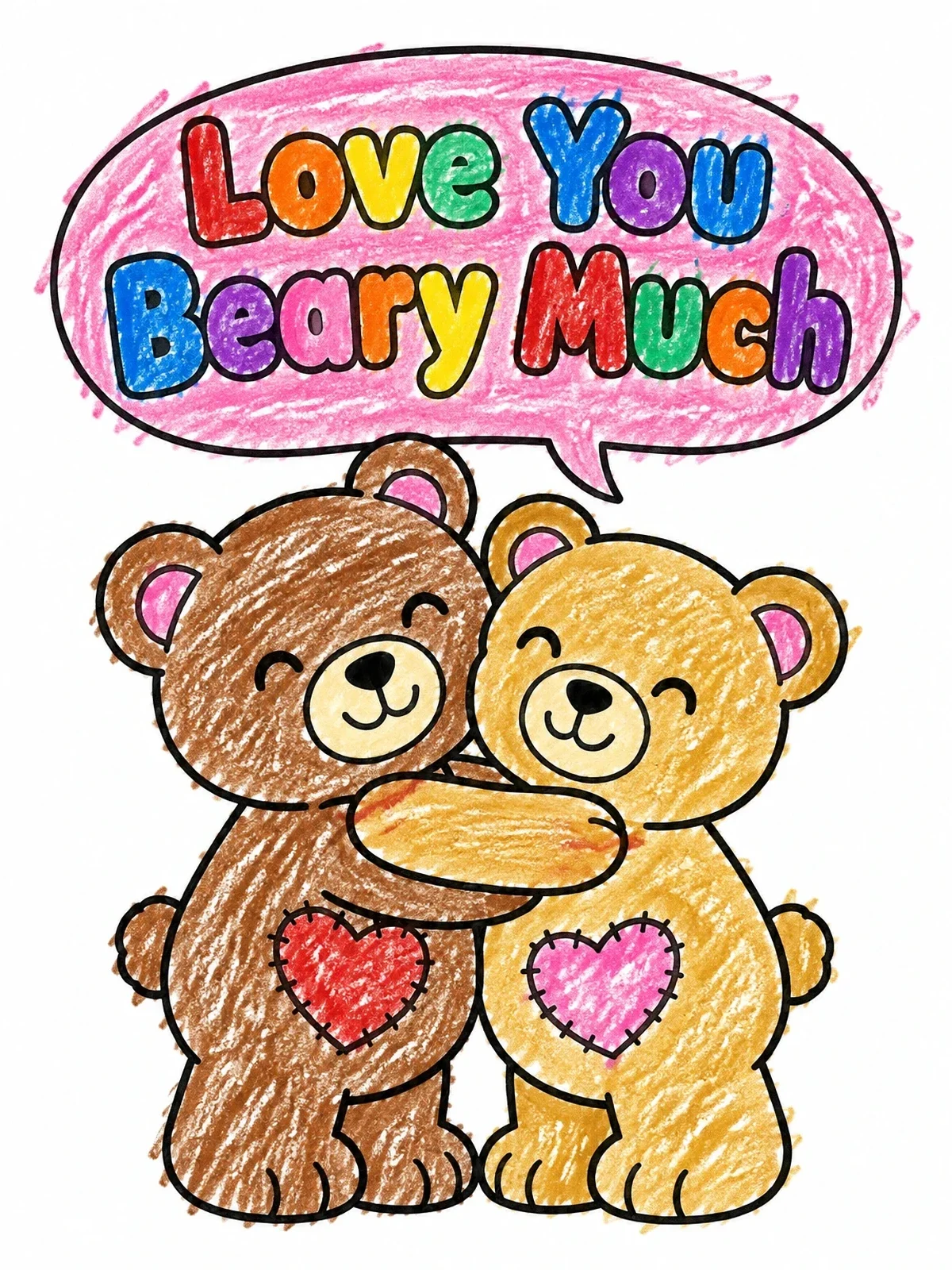 Colored example of the Hugging Teddy Bears With Love Message coloring page