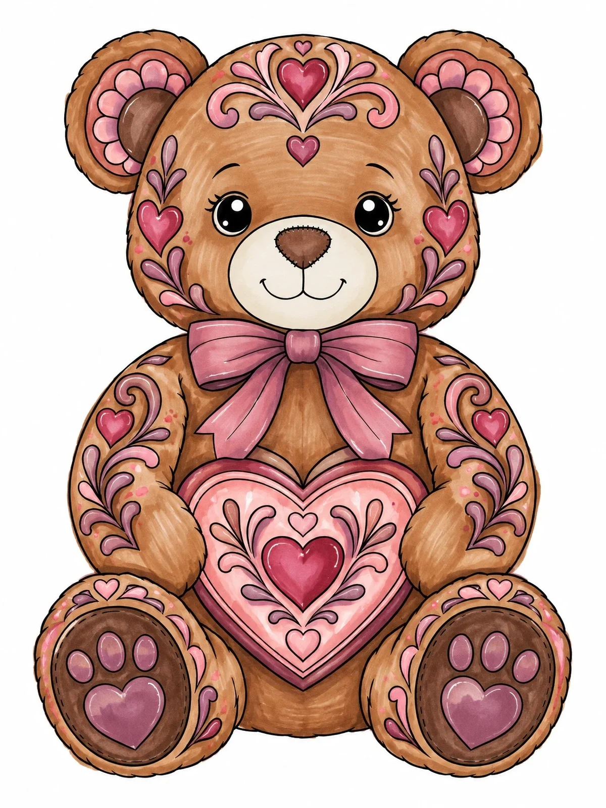 Colored example of the Ornate Valentine Teddy Bear coloring page