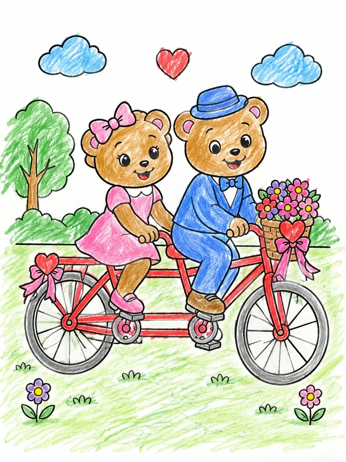 Colored example of the Teddy Bear Couple On Tandem Bike coloring page