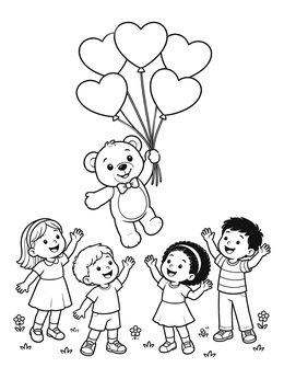 Free printable Teddy Bear Flying With Heart Balloons coloring page
