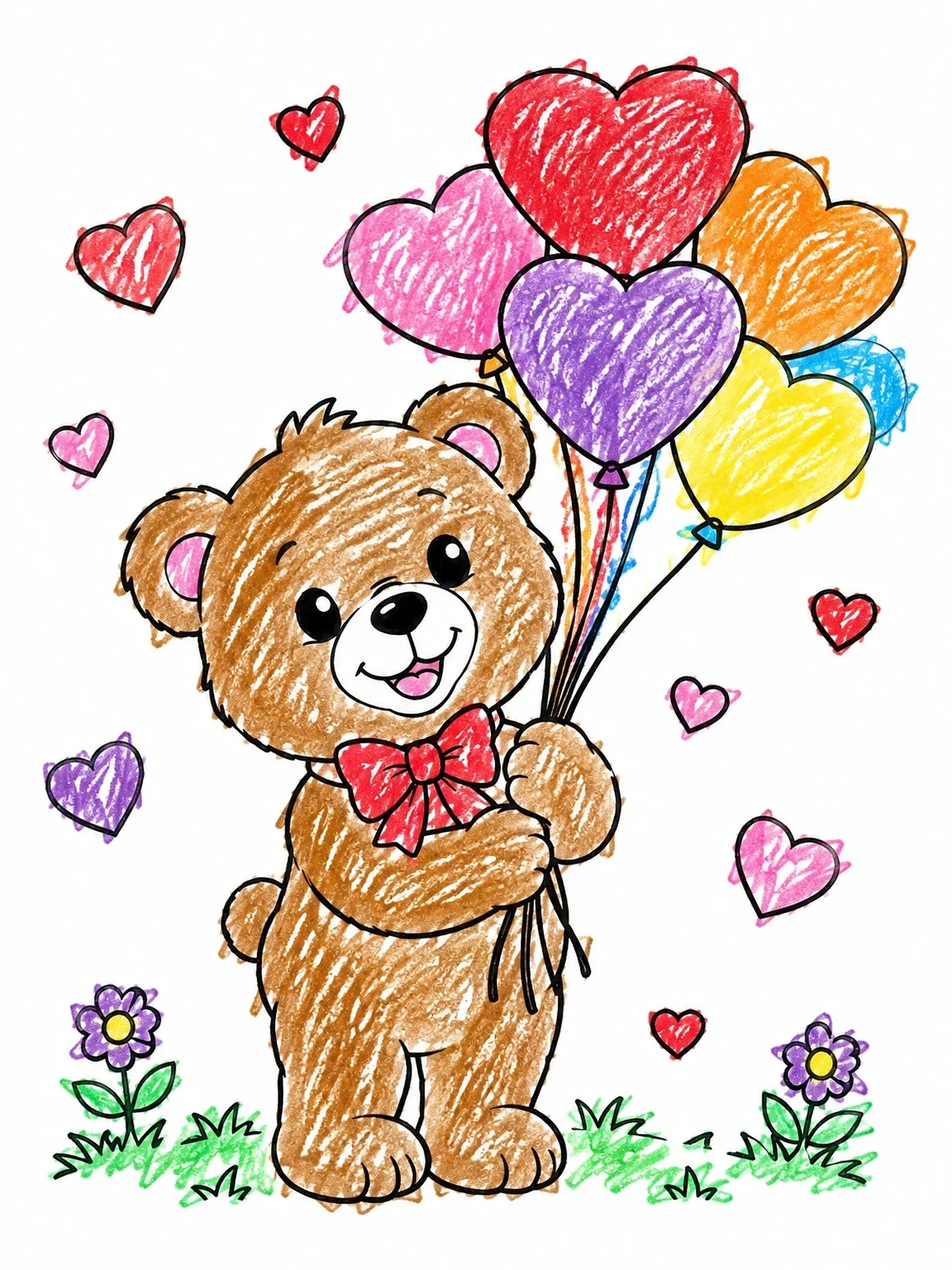 Colored example of the Teddy Bear With Heart Balloons coloring page