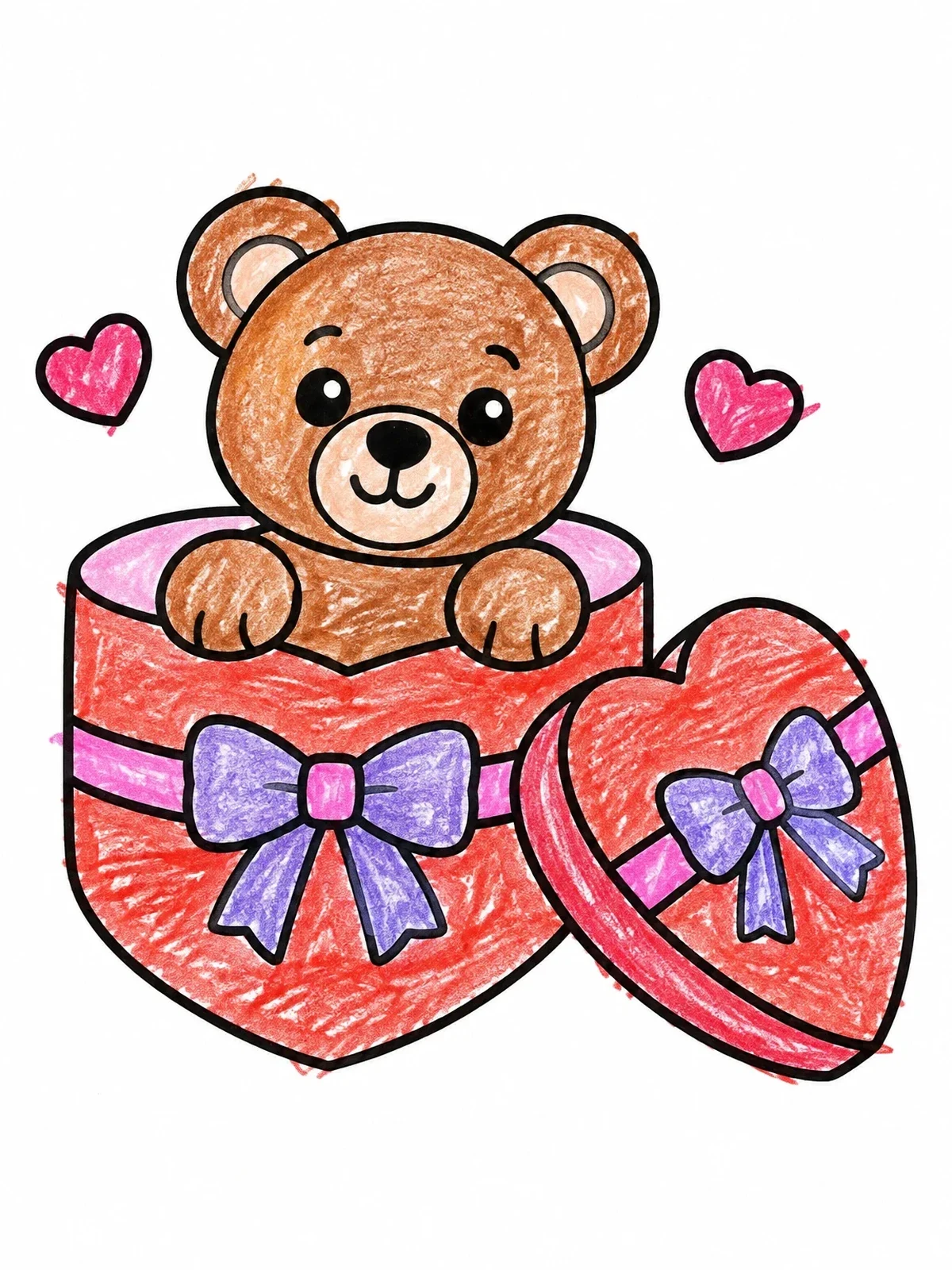 Colored example of the Teddy Bear Inside Heart Box coloring page