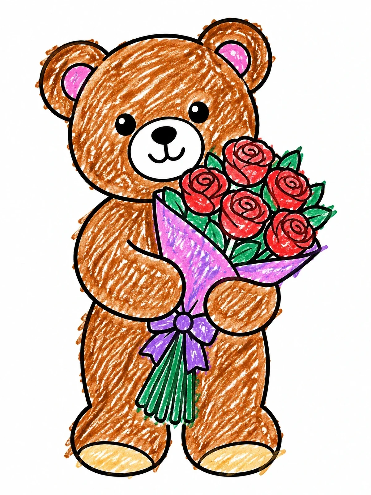 Colored example of the Cute Teddy Bear With Rose Bouquet coloring page