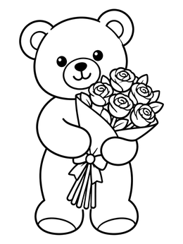 Free printable Cute Teddy Bear With Rose Bouquet coloring page