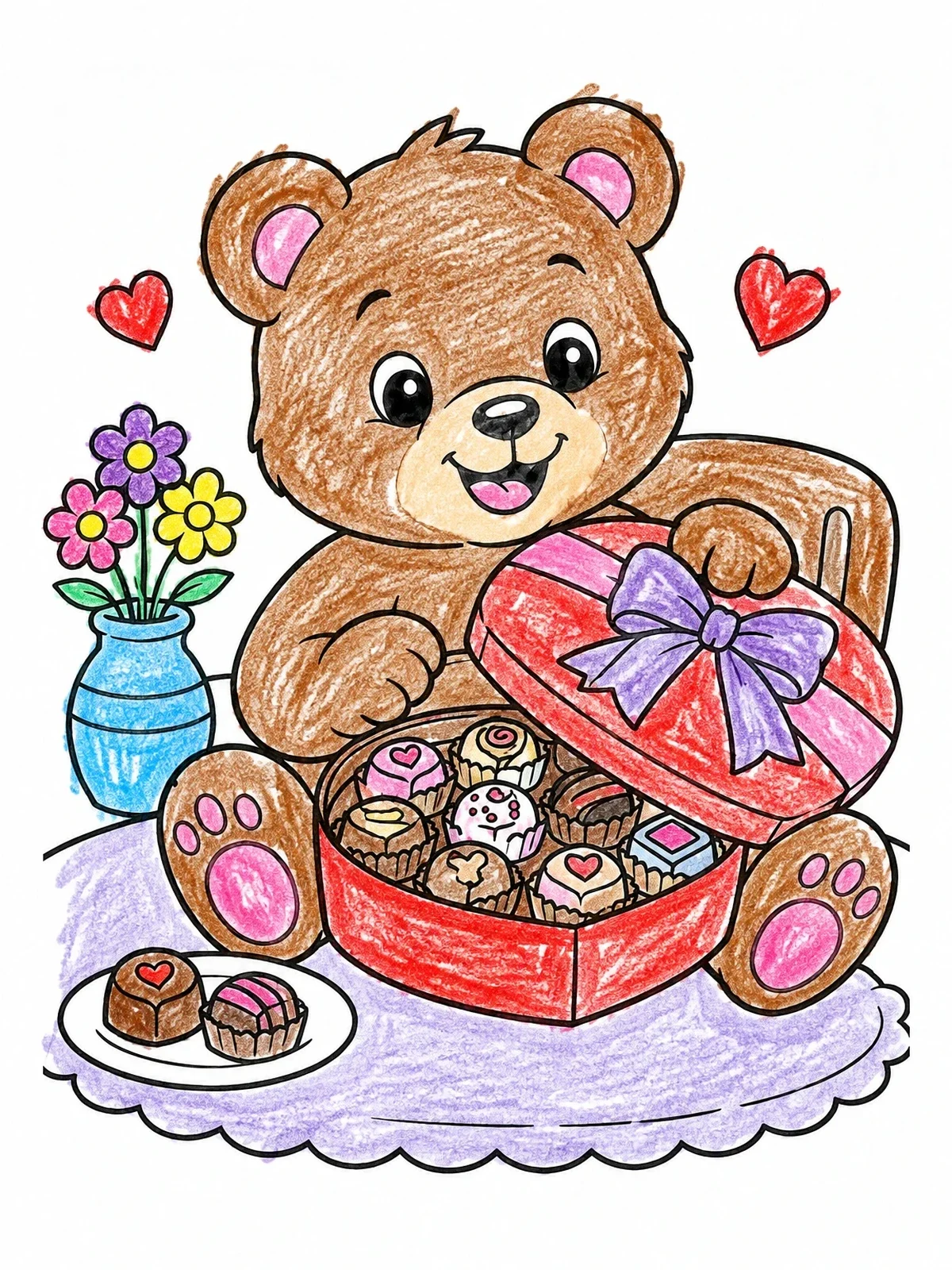 Colored example of the Teddy Bear With Valentine Chocolates coloring page