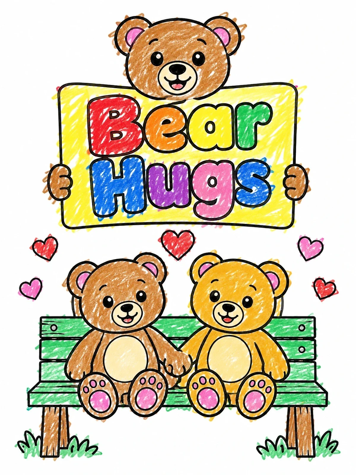 Colored example of the Teddy Bears And Bear Hugs Sign coloring page