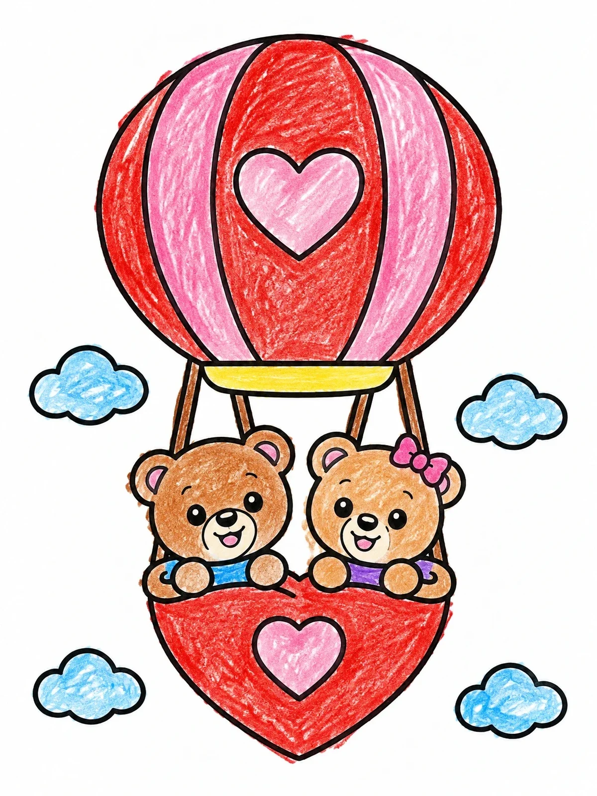 Colored example of the Teddy Bears In Hot Air Balloon coloring page