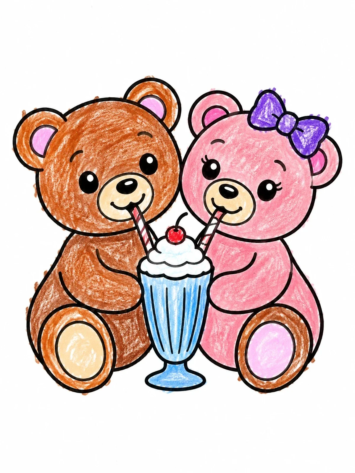 Colored example of the Teddy Bears Sharing A Sweet Milkshake coloring page