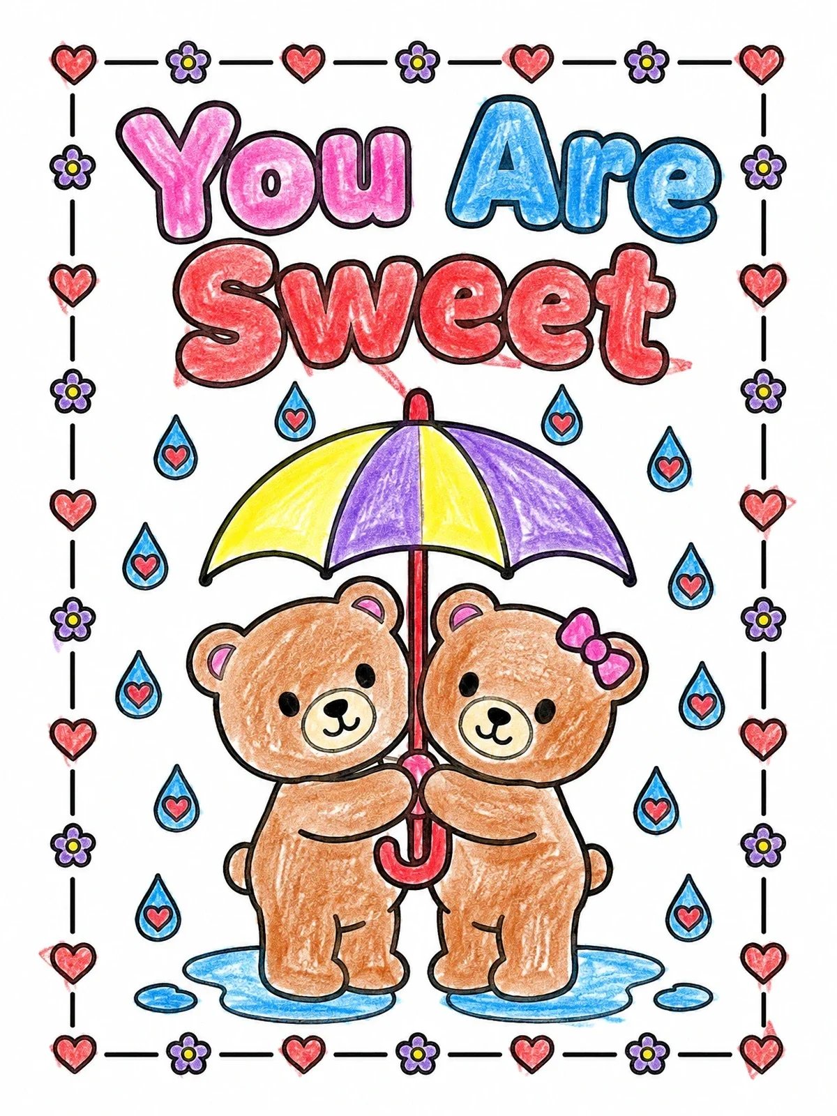 Colored example of the Teddy Bears Under An Umbrella coloring page