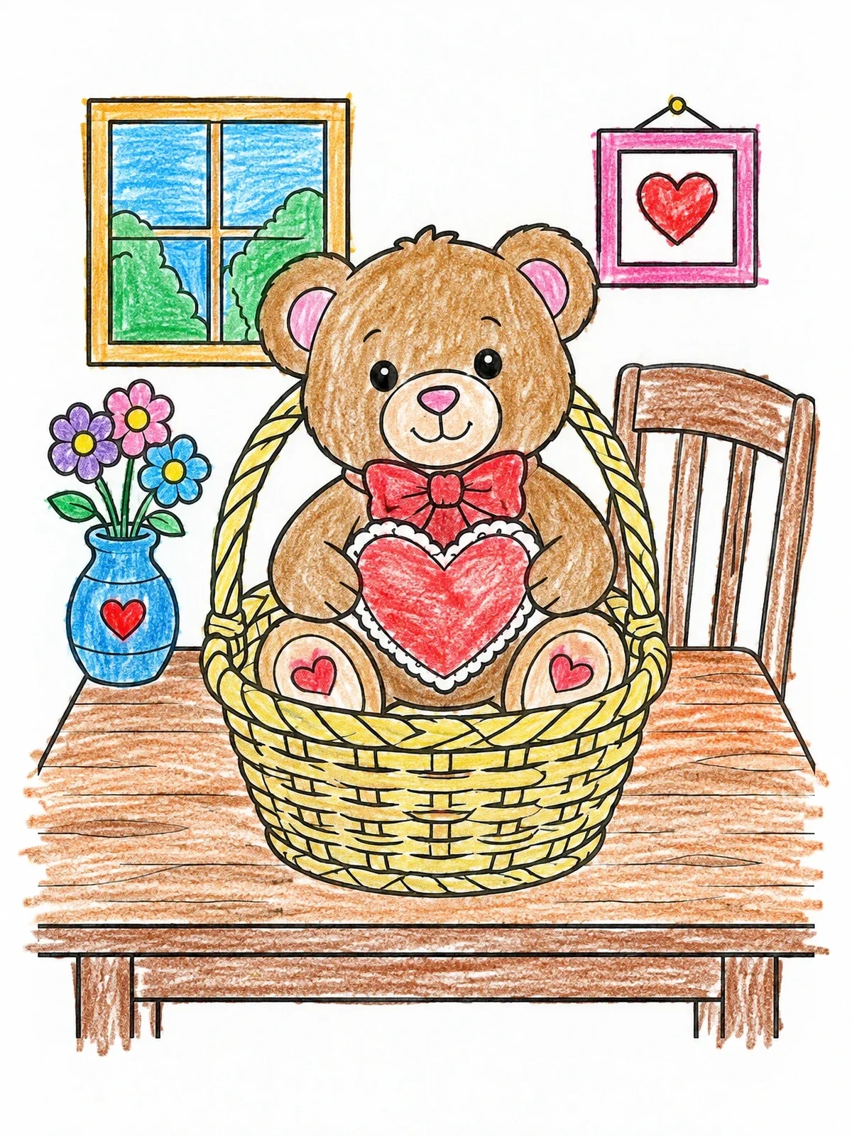 Colored example of the Valentine Teddy Bear In A Basket coloring page