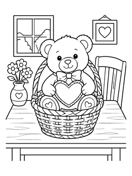 Free printable Valentine Teddy Bear In A Basket coloring page