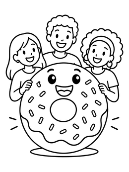 Free printable Happy Friends With Giant Smiling Donut coloring page