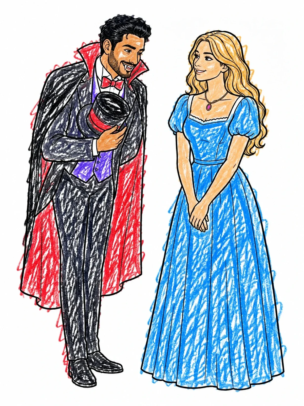 Colored example of the Vampire Bowing To Elegant Lady coloring page